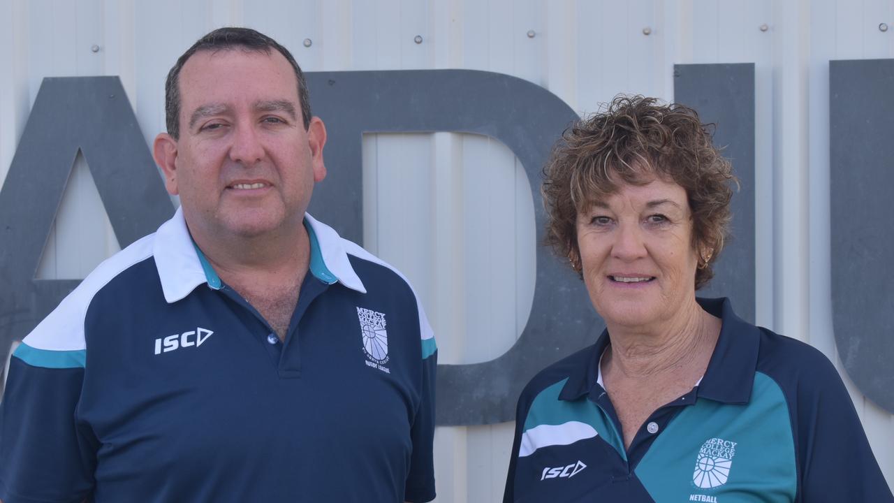 Mercy College's assistant principal Scott McSherry (from left) and Teresa Dreghorn at the announcement of QISSN securing Mackay for 2022. Picture: Matthew Forrest