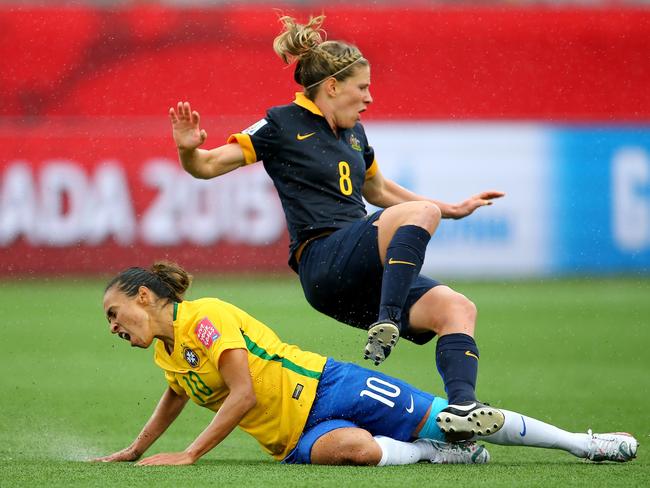 Marta was cautioned after this tackle on Elise Kellond-Knight at the 2015 women's World Cup.