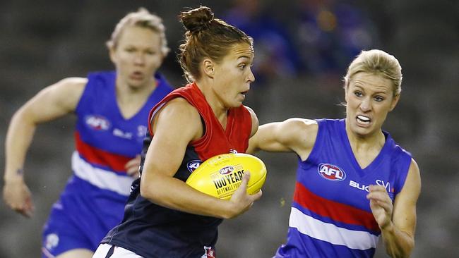 Ebony-Rose Antonio playing for Melbourne in an exhibition game against the Western Bulldogs last year. Picture: Michael Klein