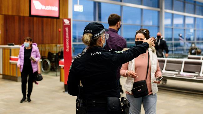 Police presence at arrivals in Adelaide Airport earier this year. Picture: Morgan Sette