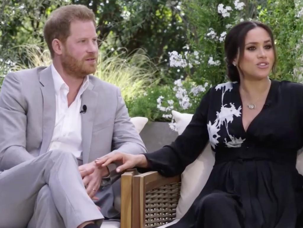 Harry and Meghan seen during interview with Oprah Winfrey. Picture: CBS