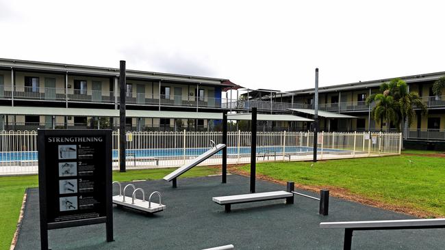 Outdoor workout area and one of the pools at the worker's accommodation at Bladin Village, Wickham, NT.