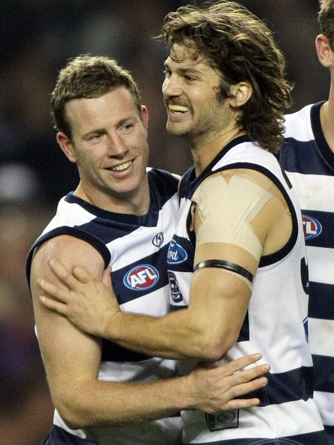 Geelong v Western Bulldogs. Etihad Stadium. Steve Johnson celebrates a third quarterr goal with Max Rooke