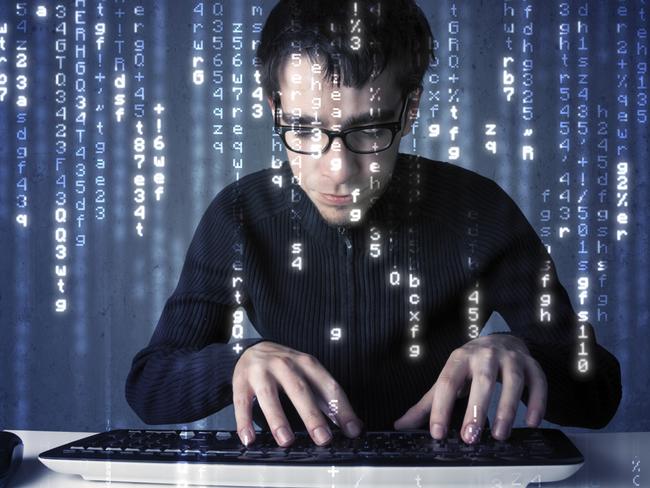 Hacker decoding information from futuristic network technology