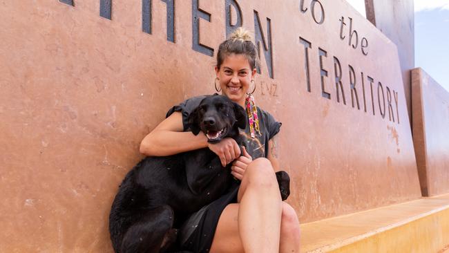 Victorian woman Georgie Mattingley and her dog Kalu drove long days to cross the SA/NT border before new entry restrictions came into effect at 4pm on Tuesday. Picture: Emma Murray