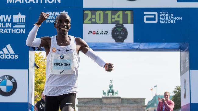 Kenya's Eliud Kipchoge celebrates winning the Berlin Marathon, setting a new world record on September 16 in Berlin. Picture: AFP