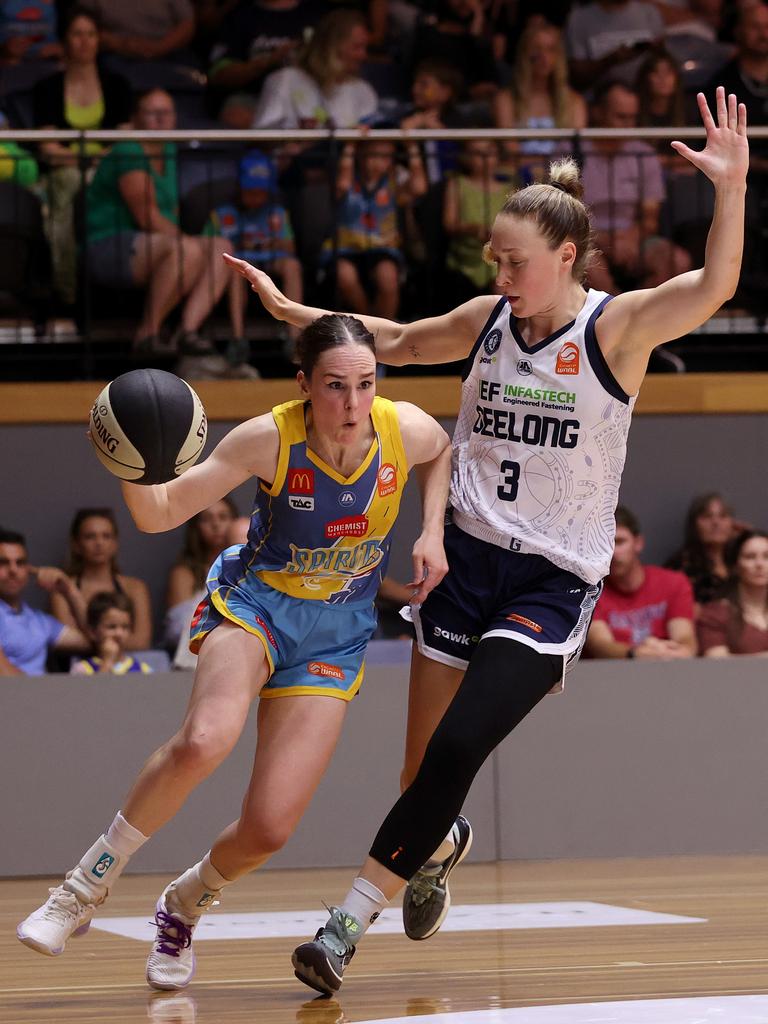 Geelong’s United’s Alex Sharp (right) tries to contain Bendigo’s Kelly Wilson in round 12 at the Arena. Picture: Kelly Defina/Getty Images