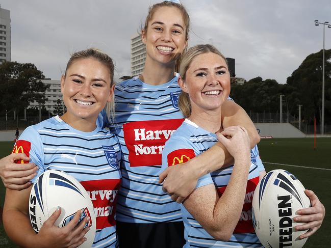 The NSW womens State of Origin team train at the NSWRL Centre of Excellence in Homebush ahead of their clash against Queensland next Friday night. L-R Keeley Davis, Kezie Apps and Maddie Studdon. Picture: Toby Zerna