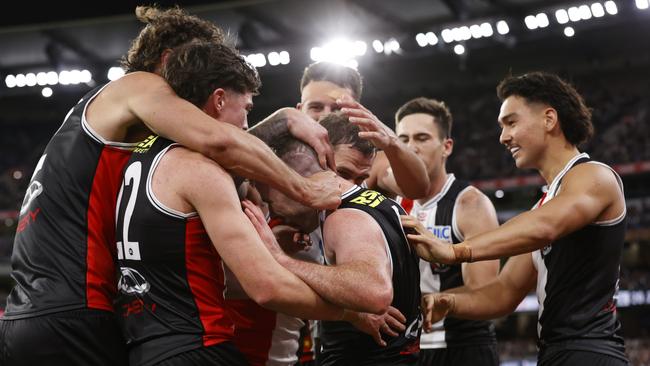 MELBOURNE, AUSTRALIA - MARCH 21: Jack Higgins of the Saints celebrates a goal  during the round two AFL match between St Kilda Saints and Collingwood Magpies at Melbourne Cricket Ground, on March 21, 2024, in Melbourne, Australia. (Photo by Darrian Traynor/Getty Images)