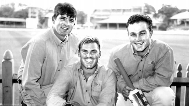 Shane Warne, pictured with Simon O’Donnell and Michael Slater, during his pretty phase in the mid-90s.