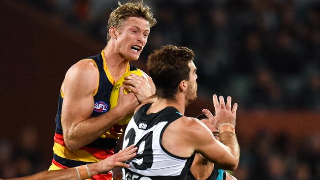 Alex Keath marks in front of Port Adelaide’s Scott Lycett in Showdown 46. Picture: Daniel Kalisz/Getty