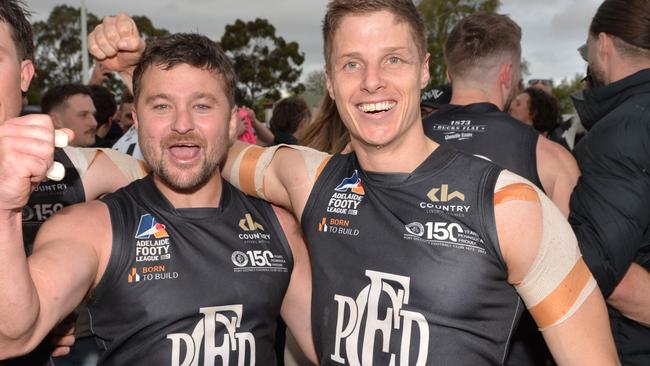 Sam Gray and Matt Rose celebrate their win over Glenunga in the division one Adelaide Footy League grand final. Picture: Brenton Edwards