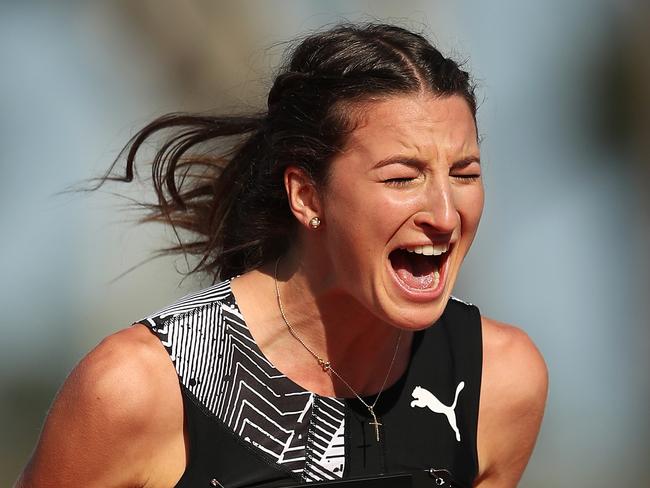 SYDNEY, AUSTRALIA - APRIL 18: Nicola McDermott celebrates a cleared jump in the Women's High Jump Final during the Australian Track & Field Championships at Sydney Olympic Park Athletic Centre on April 18, 2021 in Sydney, Australia. (Photo by Matt King/Getty Images)