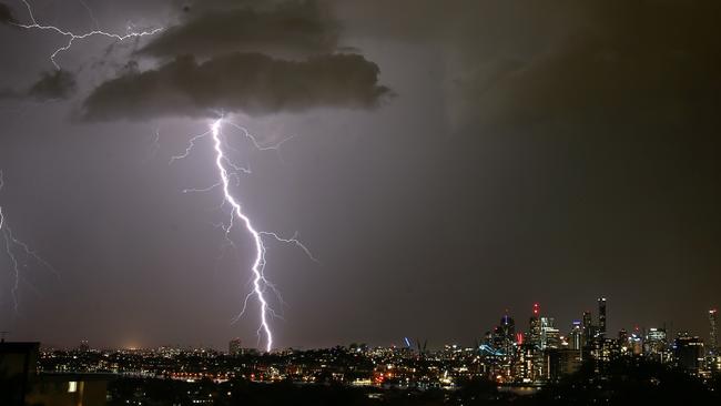 Summer Storms and lightning over Brisbane City from Hamilton, on Sunday October 29th, 2017. AAP Image/Steve Pohlner