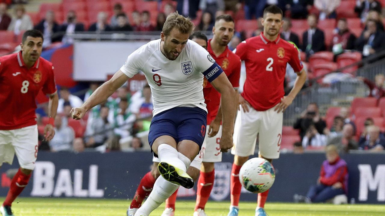 England's Harry Kane nets one of his two penalties as England thrash Bulgaria. (AP Photo/Matt Dunham)