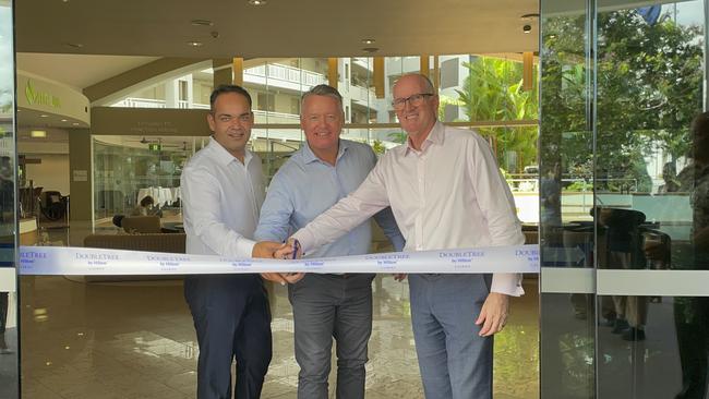 General manager of Cairns Hilton Scott Wilson alongside MP Michael Healy and DoubleTree Hilton manager Sooraj Makhija. Photo: Kristina Puljak