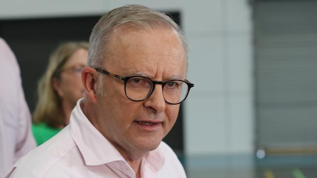 Prime Minister Anthony Albanese attends a press conference at the PCYC Cairns on Tuesday morning. The Labor government announced $50m for housing and community infrastructure projects in the Far North. Picture: Samuel Davis