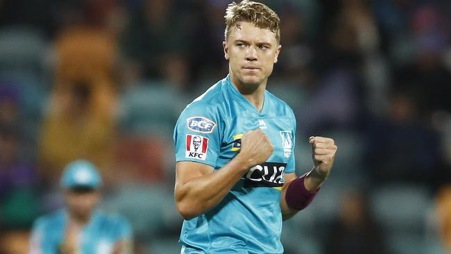 Jack Prestwidge celebrates a wicket for the Brisbane Heat in January.