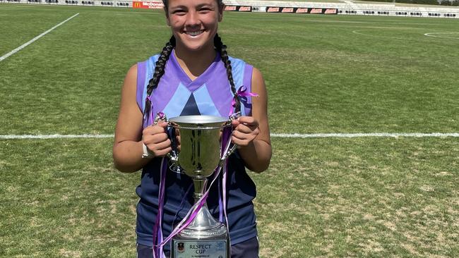 Sacred Heart College's Mekah Morrissy holds the Respect Cup. Picture: Shane Jones.