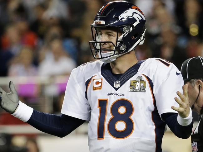 Denver Broncos quarterback Peyton Manning calls for a two point conversion  after C.J. Anderson's two yard touchdown against the Carolina Panthers in  the fourth quarter of Super Bowl 50 in Santa Clara