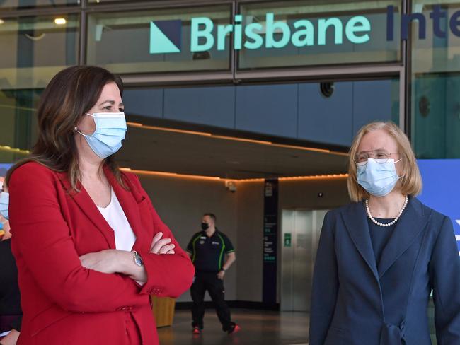 Queensland Premier Annastacia Palaszczuk and Dr Jeannette Young at the new Pinkenba Vaccination Centre, Brisbane International Cruise Terminal. Picture: NCA NewsWire / John Gass