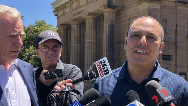 Nick Gilio talking at District Court Darlinghurst about Anthony Sampieri after delivering his victim impact statement moments earlier. Picture: Perry Duffin