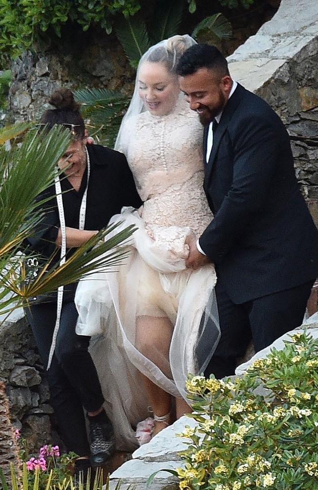 Sia’s helped down the steps at Dolce and Gabbana’s Portofino estate. Picture: Cobra Team/Backgrid