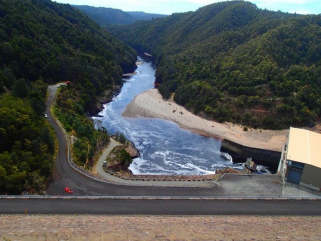 Reece Power Station tailrace and Pieman River below Reece Dam, part of the AnthonyâPieman hydropower scheme in Western Tasmania. Picture: Hydro Tasmania