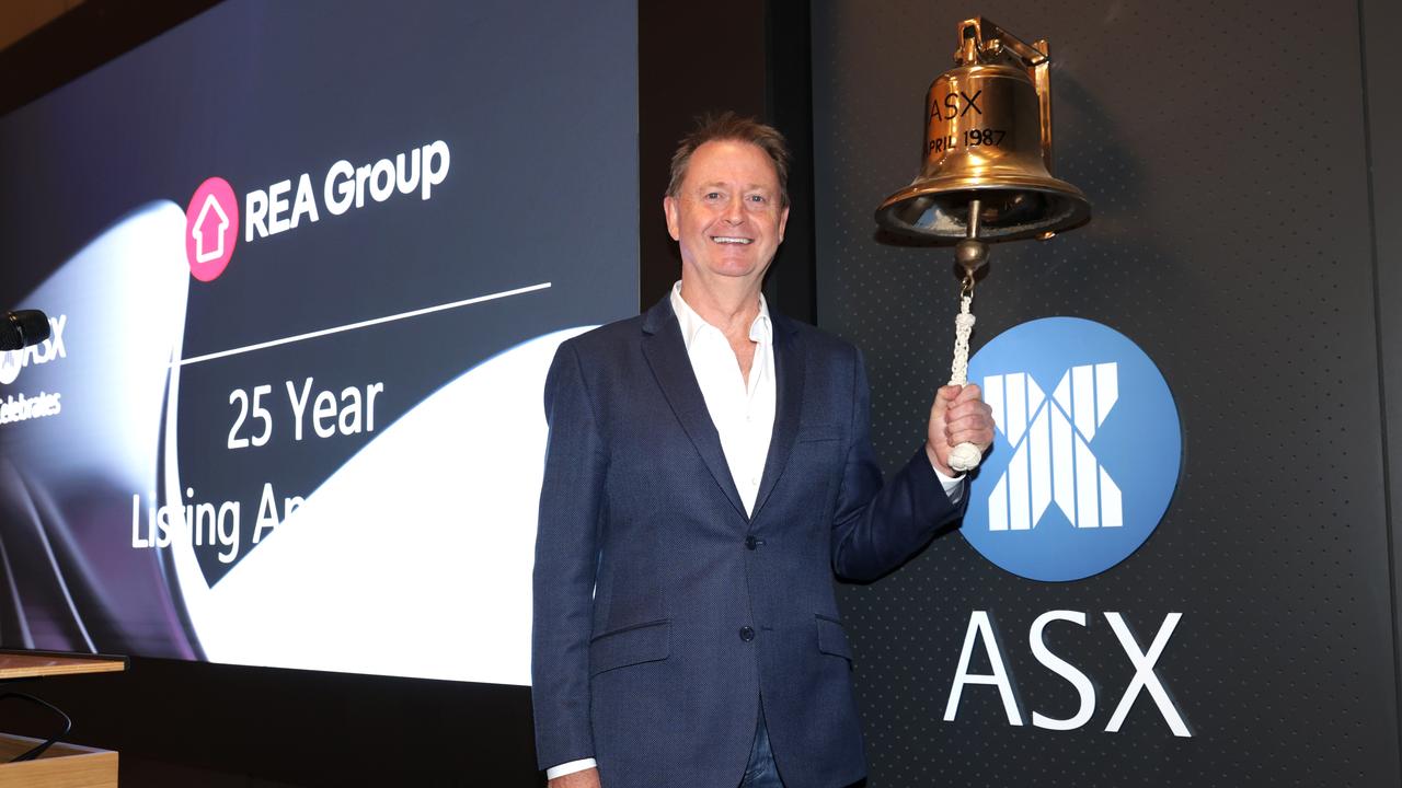 REA CEO Owen Wilson ringing the ASX bell, celebrating 25 years since the company first floated. Picture: Jane Dempster/The Australian