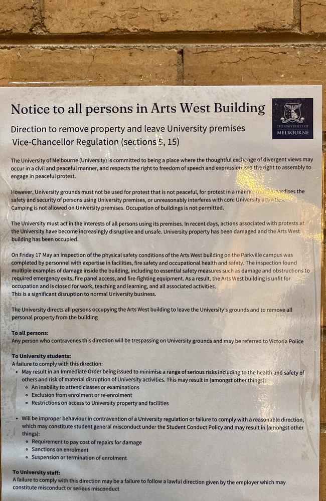 A letter posted Monday for building-occupying protesters at the University of Melbourne.