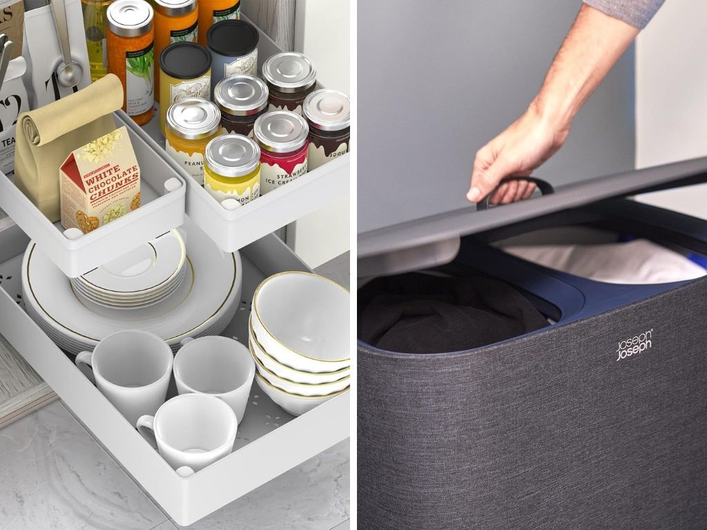 Organise your home with these pull out drawers and separation laundry basket. Pictures: Amazon Australia.