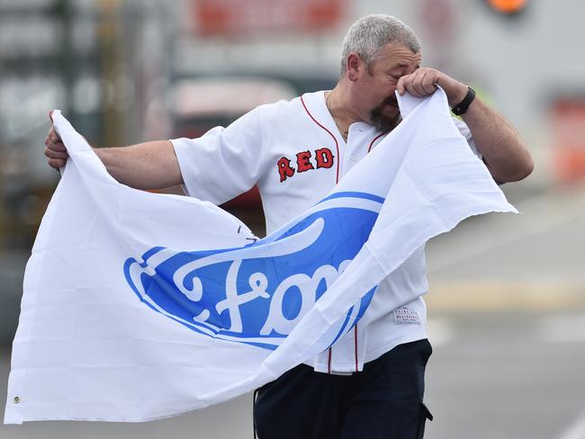 Ford worker of 22 years Nick Doria leaves work for the last time after the last production vehicle rolled off the line in Broadmeadows in Melbourne. Picture: AAP/Julian Smith