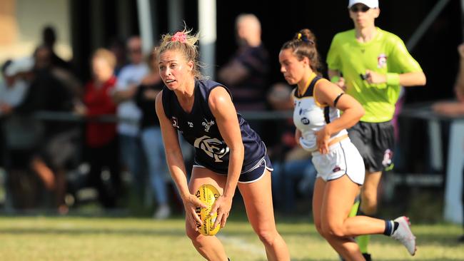 Playing in her 50th AFL game, Coolangatta Tweed Blue Birds Captain Leah Kaslar in action during Saturdays 2020 Bond University QAFLW match at Coolangatta