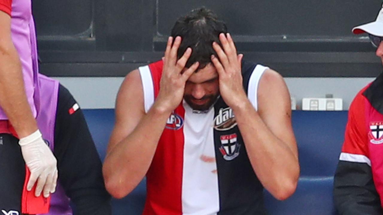 Paddy McCartin in the aftermath of his concussion in a pre-season game for St Kilda in Ballarat in 2019. Picture: Getty Images