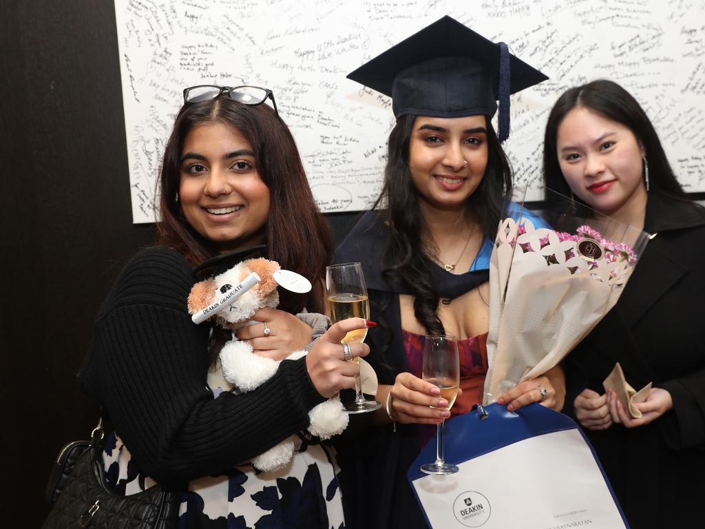 Vidhi Adeshara, Ranjana Vijaynarayan and Rachel Vo. Deakin University graduation arts and SEBE faculty. Picture: Alan Barber