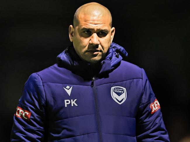 NEWCASTLE, AUSTRALIA - AUGUST 06: Victory coach Patrick Kisnorbo looks on during warm up ahead of the 2024 Australia Cup Round of 32 match between Lambton Jaffas FC and Melbourne Victory FC at Jack MacLaughlan Oval on August 06, 2024 in Newcastle, Australia. (Photo by Mark Evans/Getty Images)