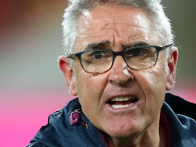 GOLD COAST, AUSTRALIA - JULY 26: Lions head coach Chris Fagan looks on during the round 8 AFL match between the Melbourne Demons and the Brisbane Lions at Metricon Stadium on July 26, 2020 in Gold Coast, Australia. (Photo by Chris Hyde/Getty Images)