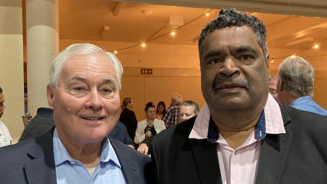 Bruce Paige and Fred Cobbo celebrate the 50th anniversary of the Rainbows Rugby League Football Club at its golden jubilee at the Gympie Showgrounds Pavilion on the night of June 3, 2023.