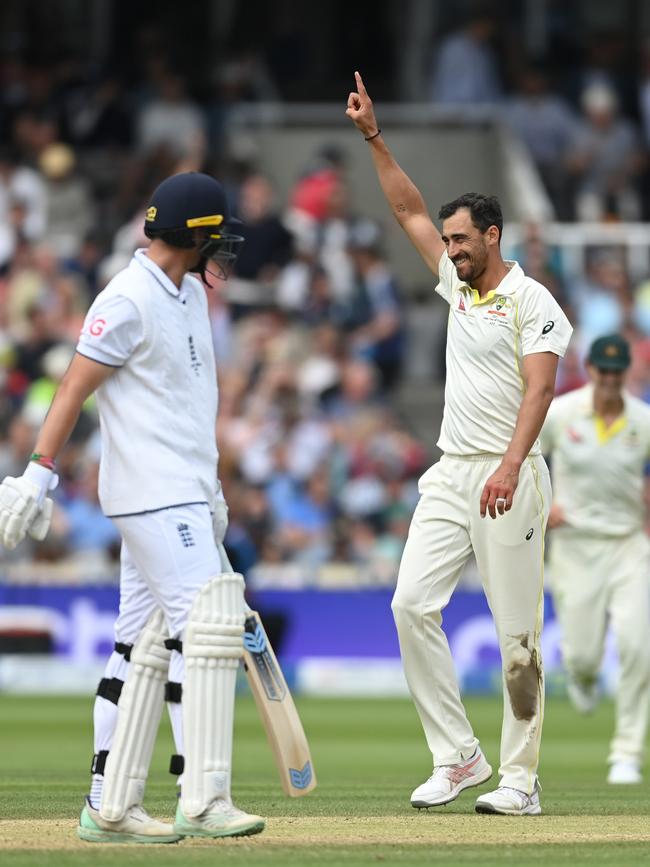 Mitchell Starc ends a rearguard action by Josh Tongue. Picture: Getty Images