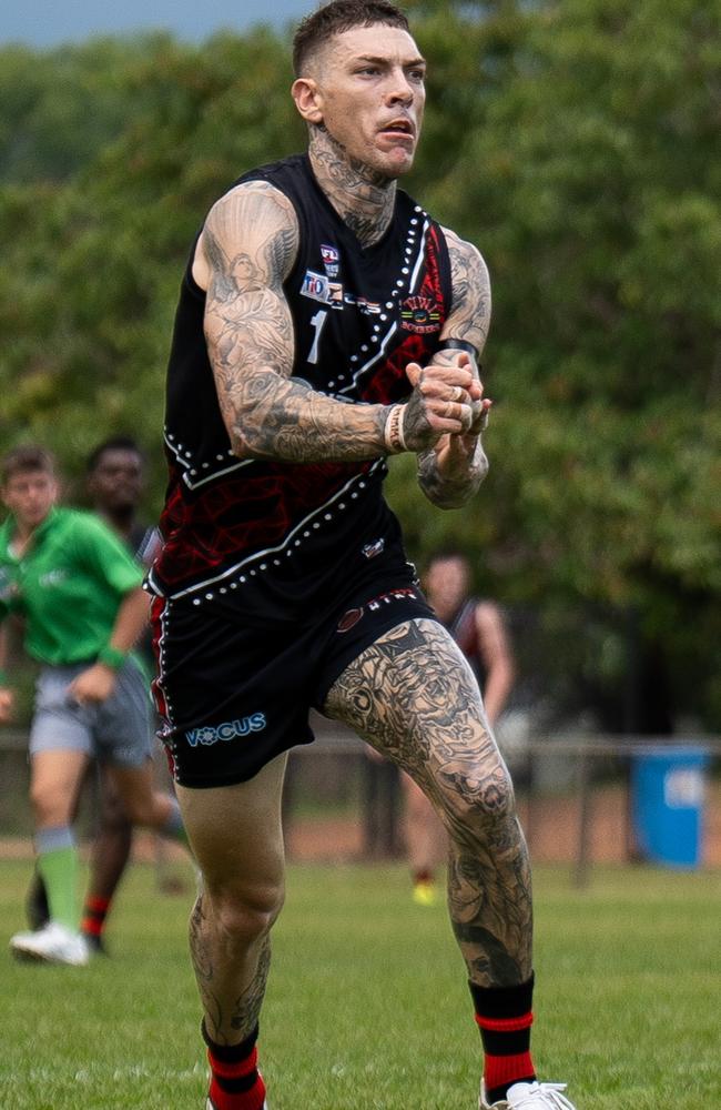 Matthew Parker playing for the Tiwi Bombers in the 2024-25 NTFL season. Picture: Jack Riddiford / AFLNT Media