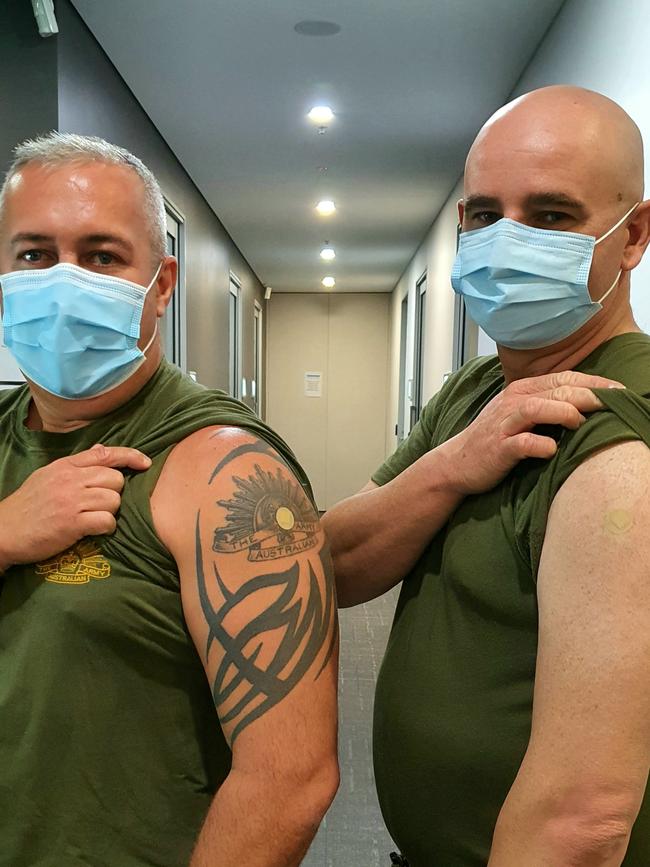 Corporal Boyd Chatillon (left) and Lance Corporal Christopher Oakes (right) in Sydney to receive the second dose of the COVID-19 vaccination, ADF members working on the Covid frontline were among the first Australians to receive the vaccine. Picture: Defence