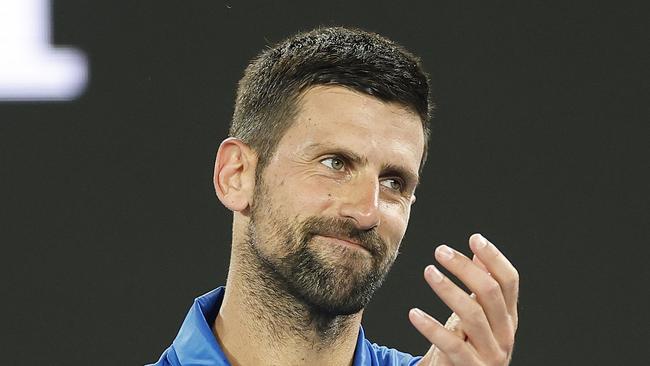 MELBOURNE, AUSTRALIA - JANUARY 09: Novak Djokovic of Serbia thanks the audience after the exhibition match against Alexander Zverev of Germany during the Night with Novak charity event ahead of the 2025 Australian Open at Melbourne Park on January 09, 2025 in Melbourne, Australia. (Photo by Daniel Pockett/Getty Images)