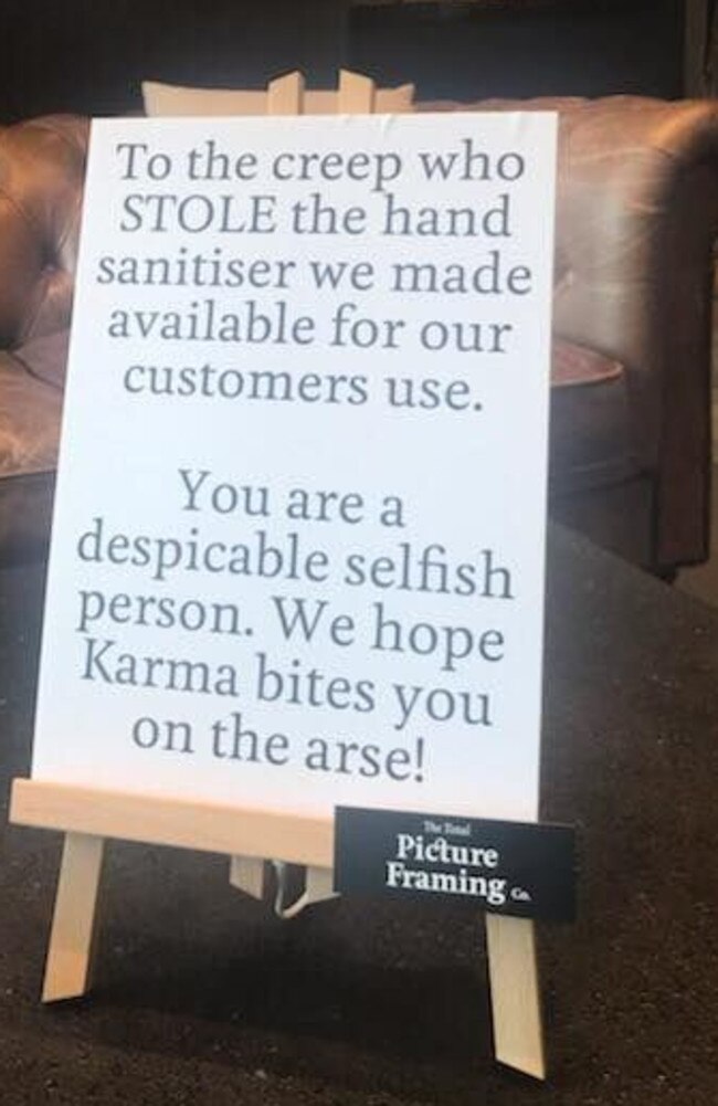 A cafe owner has called out the ‘despicable’ actions of a person who stole hand sanitiser meant for communal use. Picture: Supplied/The Total Picture Framing Cafe