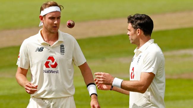 England’s Stuart Broad and James Anderson in action against Pakistan in Manchester. Picture: AFP