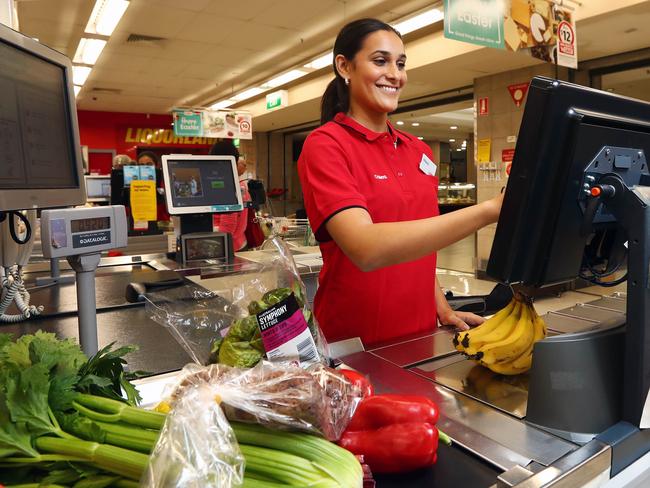 2/04/20 Ishana McManus is one of the thousands of new staff that has been taken on by Coles to meet demand. She has been stood down from her work at a YMCA gym while it is not allowed to open and rather than sit around, put her hand up to work at Coles.  Aaron Francis/The Australian