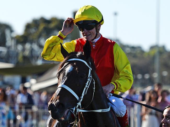 SPORT - Super Saturday, Ascot, Perth. Photo by Daniel Wilkins. PICTURED - Race 8, Good Project leads all the way ridden by Craig Williams to win the Railway Stakes. Lead in by strapper Raquel Bennett