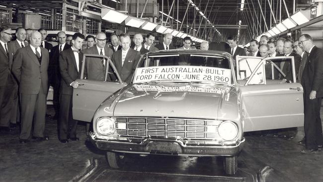 The first Australian-built Ford Falcon rolls off the assembly line at Broadmeadows, Melbourne, 28/06/1960.