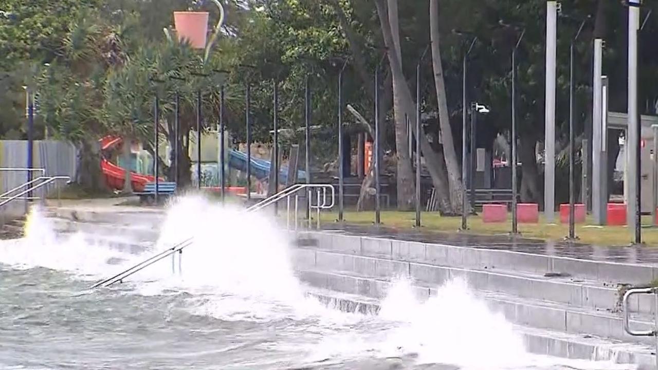 Waves are already lashing the foreshore at Bowen, north of Mackay, as Tropical Cyclone Kirrily makes its way towards the coast. Picture: Supplied / Channel 9