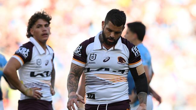 GOLD COAST, AUSTRALIA - AUGUST 03: Adam Reynolds of the Broncos looks dejected during the round 22 NRL match between Gold Coast Titans and Brisbane Broncos at Cbus Super Stadium, on August 03, 2024, in Gold Coast, Australia. (Photo by Matt Roberts/Getty Images)