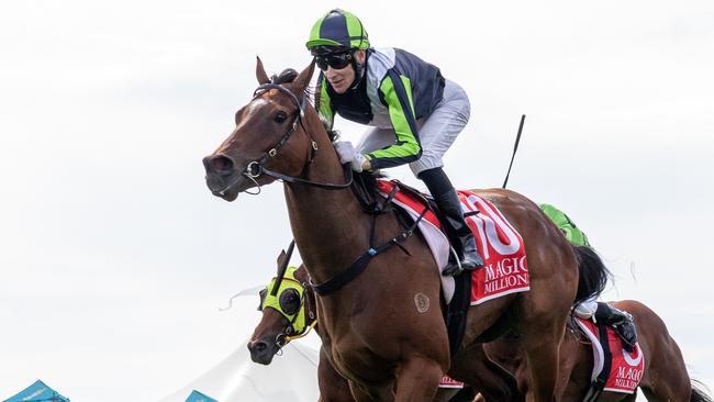 Shady Thinker, ridden by Jason Holder, wins the Magic Millions 3 &amp; 4YO Classic at Murray Bridge. Picture: Makoto Kaneko